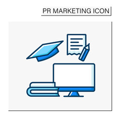 Education color icon. Brand marketing intern. Apprenticeship. Computer, books and notes. PR marketing concept. Isolated vector illustrations