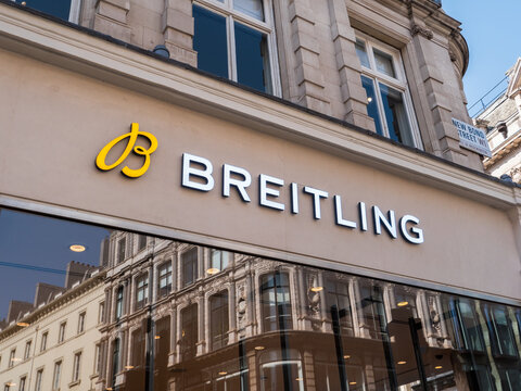 London, UK, March 26th 2022: Breitling boutique watch store. Main facade logo name and sign. 130 New Bond Street, London, W1S 2TA.
