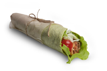 roll with pita bread and seafood on a white background