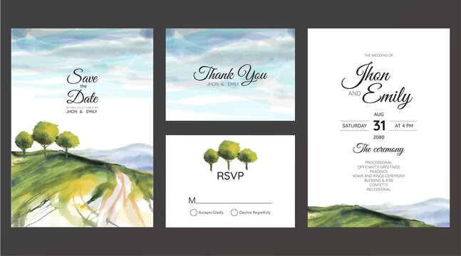 wedding invitation with mountain view watercolor background..
