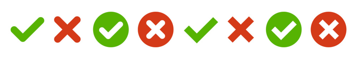 Obraz premium Green check mark, red cross mark icon set. Check mark and cross icons in circle. Vector illustration