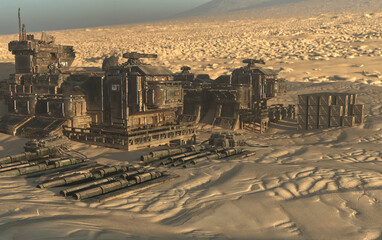 Abandoned desert outpost military buildings 3d render