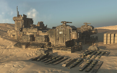 Abandoned desert outpost military buildings 3d render - 498973974
