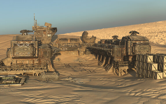 Abandoned desert outpost military buildings 3d render