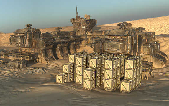 Abandoned desert outpost military buildings 3d render