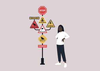 A road signpost with warning signs, relationships difficulties, alarming red flags