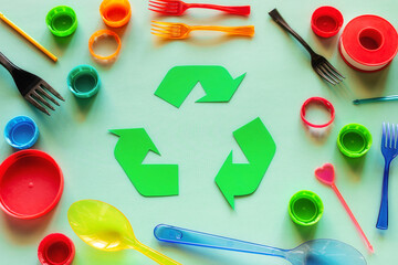 recycling symbol and used plastic utensils environmental pollution concept