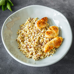 porridge bulgur quinoa breaded chicken breadcrumbs baked poultry meat fresh healthy meal food snack diet on the table copy space food background rustic top view