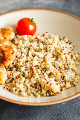 porridge bulgur quinoa breaded chicken breadcrumbs baked poultry meat fresh healthy meal food snack diet on the table copy space food background rustic top view