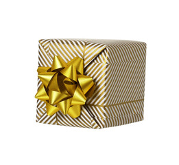 Wrapped in festive paper gift box with golden paper ribbon bow isolated