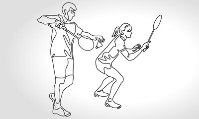 Single continuous one line drawing of mixed doubles badminton team. Sport exercise concept. Trendy one line draw design vector illustration for badminton tournament publication