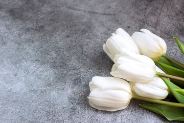 Obraz na płótnie Canvas White tulips, a bouquet on a dark concrete, cement background. Template, banner, blank for postcards, promotions, invitations, greetings, etc. Top view, flat lay, copy space