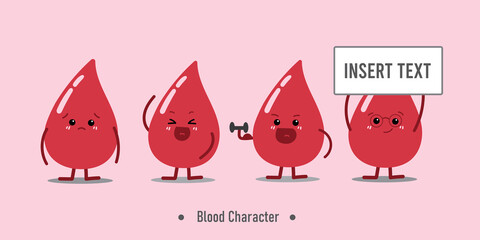 Set of blood character flat style cartoon illustration icon in different poses premium Vector for donor,  anemia, thalassemia, hemophilia awareness