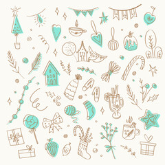 Vector set of hand-drawn Christmas elements in doodle style. Star, candy cane, house, toys, branches and other decorations. 
New Year mood with cute winter decor. 