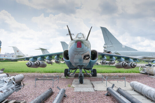 Military aircraft fighter bomber. Airplane with bombs and missiles. Plane cabin. Zhuliany, Ukraine - August 1, 2021.
