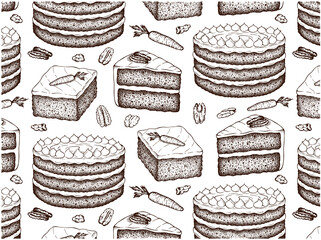 Sketch drawing pattern of Carrot cake isolated on white background. Hand drawn wallpaper of baked sweet dessert . Engraved pecan nuts, whipped cream, walnut. Line art food. Vintage vector illustration - 498976598