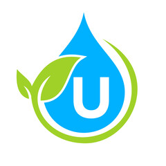 Eco Leaf and Water Drop Logo on Letter U Template. Letter U Water Concept © pixbold