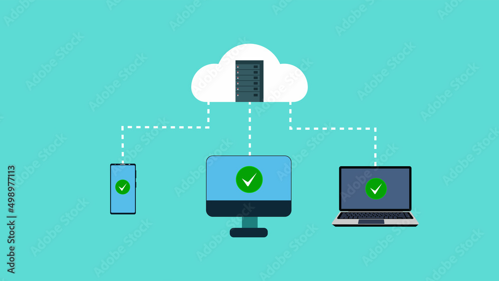Poster transferring data from cloud server to computer devices vector. cloud server concept with a smartpho