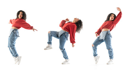 Multiple photo of latin brunette woman dancing in studio with white background