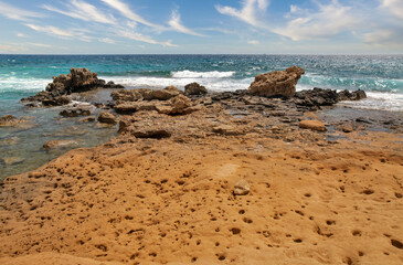 Fototapeta na wymiar Ayia Napa rocky stormy seafront, Cyprus.