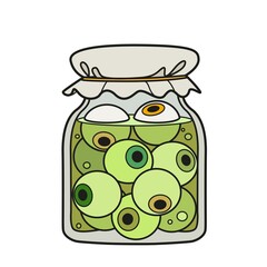Alchemical ingredient eyeballs in a large glass jar covered with paper color variation for coloring page on white background