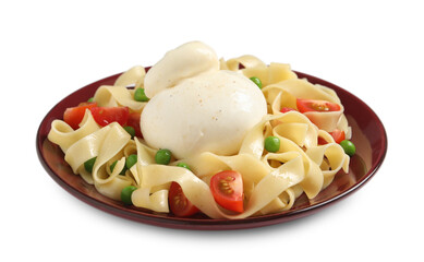 Plate of delicious pasta with burrata, peas and tomatoes isolated on white