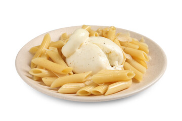 Plate of delicious pasta with burrata isolated on white