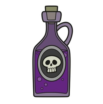 Alchemical ingredient in a bottle with a scull on the label color variation for coloring page on white background