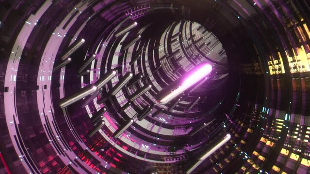 Animazione 3D interno tunnel a forma circolare e capsule