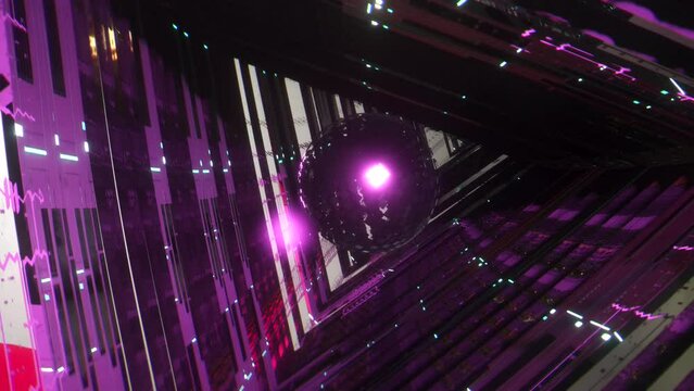 Animazione 3D interno tunnel a forma triangolare e sfera centrale