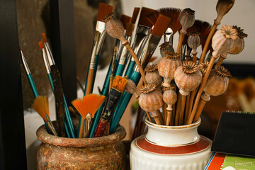 Brushes. brushes placed in a holder. detail.