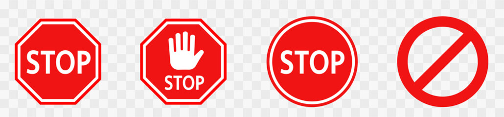 Red stop sign icon collection. Stop street sign. Stop hand sign with text flat icon for apps and websites isolated on white background. - obrazy, fototapety, plakaty
