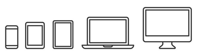 Device icons set. Devices collection smartphone, tablet, laptop and desktop computer. Line style.
