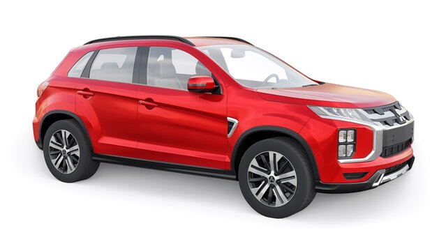 Tokyo. Japan. April 6, 2022. Mitsubishi ASX 2020. Red compact urban SUV on a white uniform background with a blank body for your design. 3d illustration.