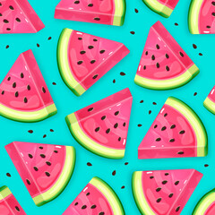 Seamless pattern with watermelon slices on blue background. Vector illustration. Watermelon summer background