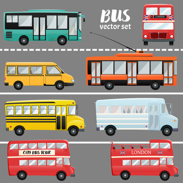 Vector set of different types of buses, city and public transport.