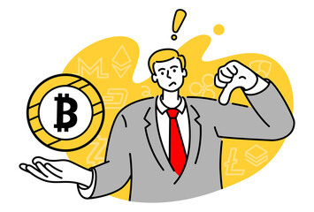 Disappointed businessman showing thumbs down, Bitcoin price drops, Price Market Value Going Down. Cryptocurrency cartoon concept. Vector flat illustration.