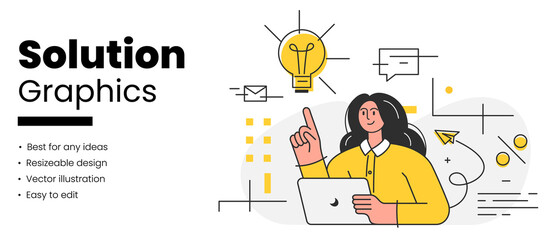 Beautiful young businesswoman working on a laptop with light bulb creative idea brainstorming startup business solution thinking process. Vector flat design illustration.