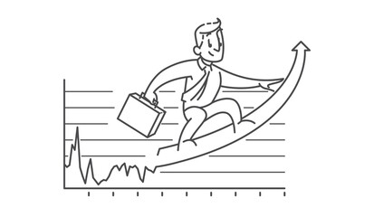 Successful business man surfing a rising arrow