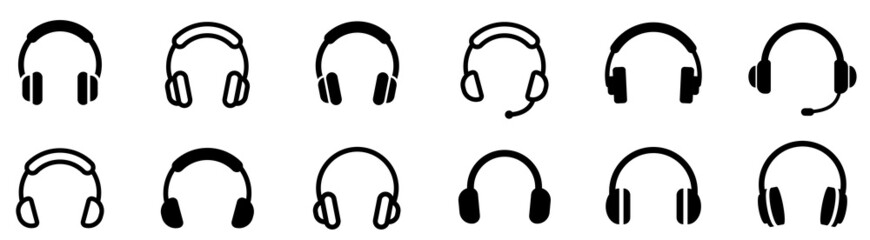 Headphones icons set. Earphone collection. Black silhouette headphone icon set.