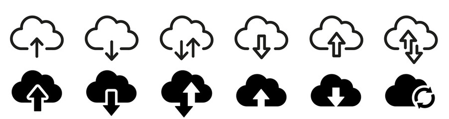 Cloud download and upload icon. Upload download cloud arrow. Line style. Download cloud computing outline and filled vector sign. Download symbol. - obrazy, fototapety, plakaty