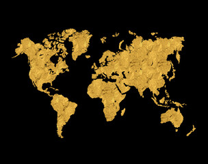 Fototapeta na wymiar World Map Golden Wrinkled Paper Continental Black Background 3D Illustration