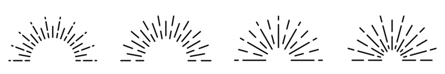 Set of light rays, sunburst and rays of sun. Sunburst collectin. Big set sunburst. Sun rays set. Burst symbol. Linear style.