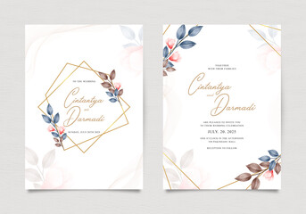 Beautiful wedding invitation template with golden geometric and leaves