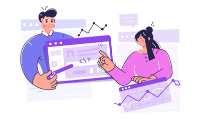 Woman and man working, Teamwork on technology projects, web interfaces of websites, landing pages and applications Designers modern flat concept for web banner design on website UI. 