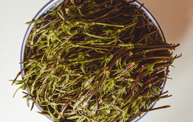 Hop sprouts, Humulus lupulus, called Bruscandoli in Italy, in a rustic bowl. View from above. Used for tasty Italian dishes.