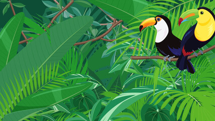 Obraz premium トロピカルな鳥と植物の風景_ジャングルの背景イラスト_16:9