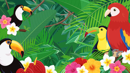 Obraz na płótnie Canvas トロピカルな鳥と植物の風景_ジャングルの背景イラスト_16:9