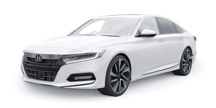 Paris, France. January 30, 2022: Honda Accord 2020: White large hybrid business sedan for work and family. 3D illustration