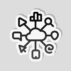 Digital marketing, business icon. Linear sticker, white border and simple shadow on gray background